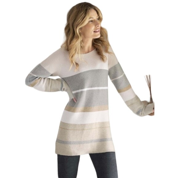 Celtic & Co. Yoke Detail Wool Striped Neutral Tunic NWT - Picture 12 of 12